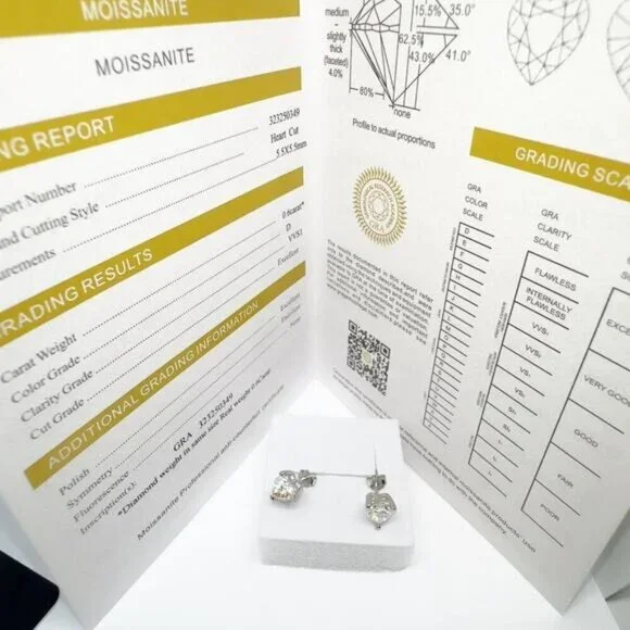 Moissanite Heart Cut Stud Earrings 925 Silver GRA Certified - Picture 6 of 6